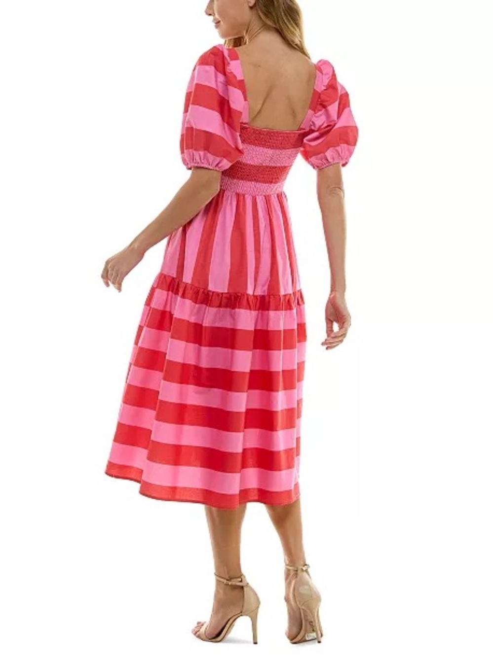 Crystal Doll Pink Red Stripe Puff Sleeve Midi Dress Cottagecore Size Small - Picture 2 of 10